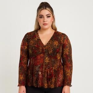 Chicos top XL brown orange forest fairy y2k 90s silk lettuce hem sheer babydoll